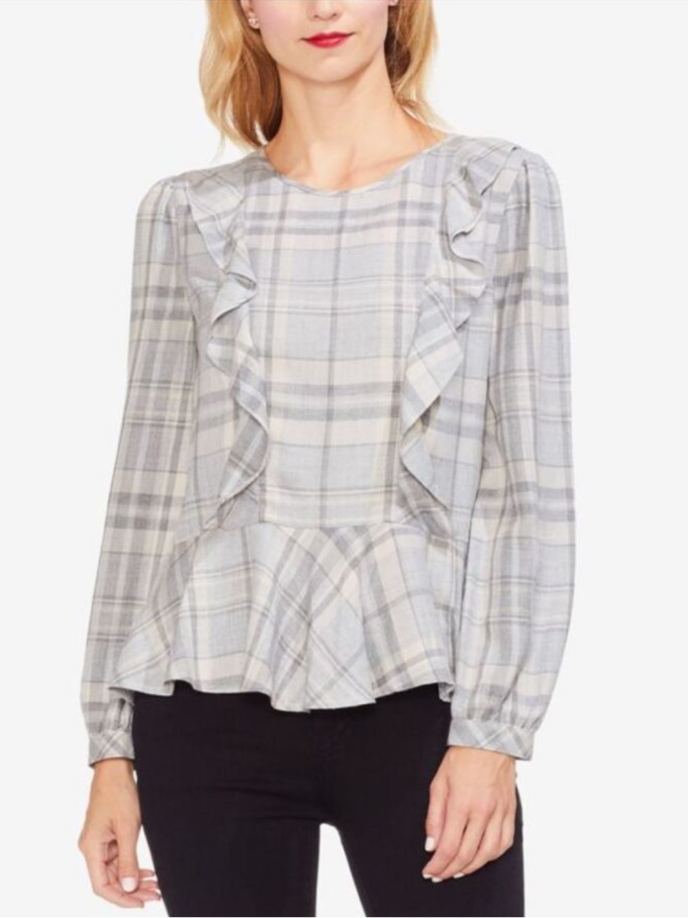 Vince Camuto Gray Plaid Ruffle Peplum Long-Sleeve Blouse